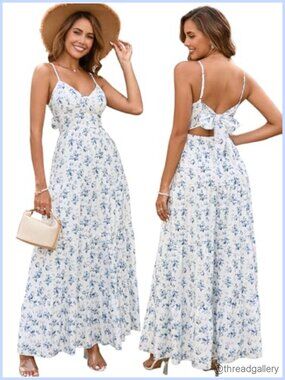 Flowy A-Line Maxi Sundress Sleeveless V-Neck Backless Summer Beach Dress